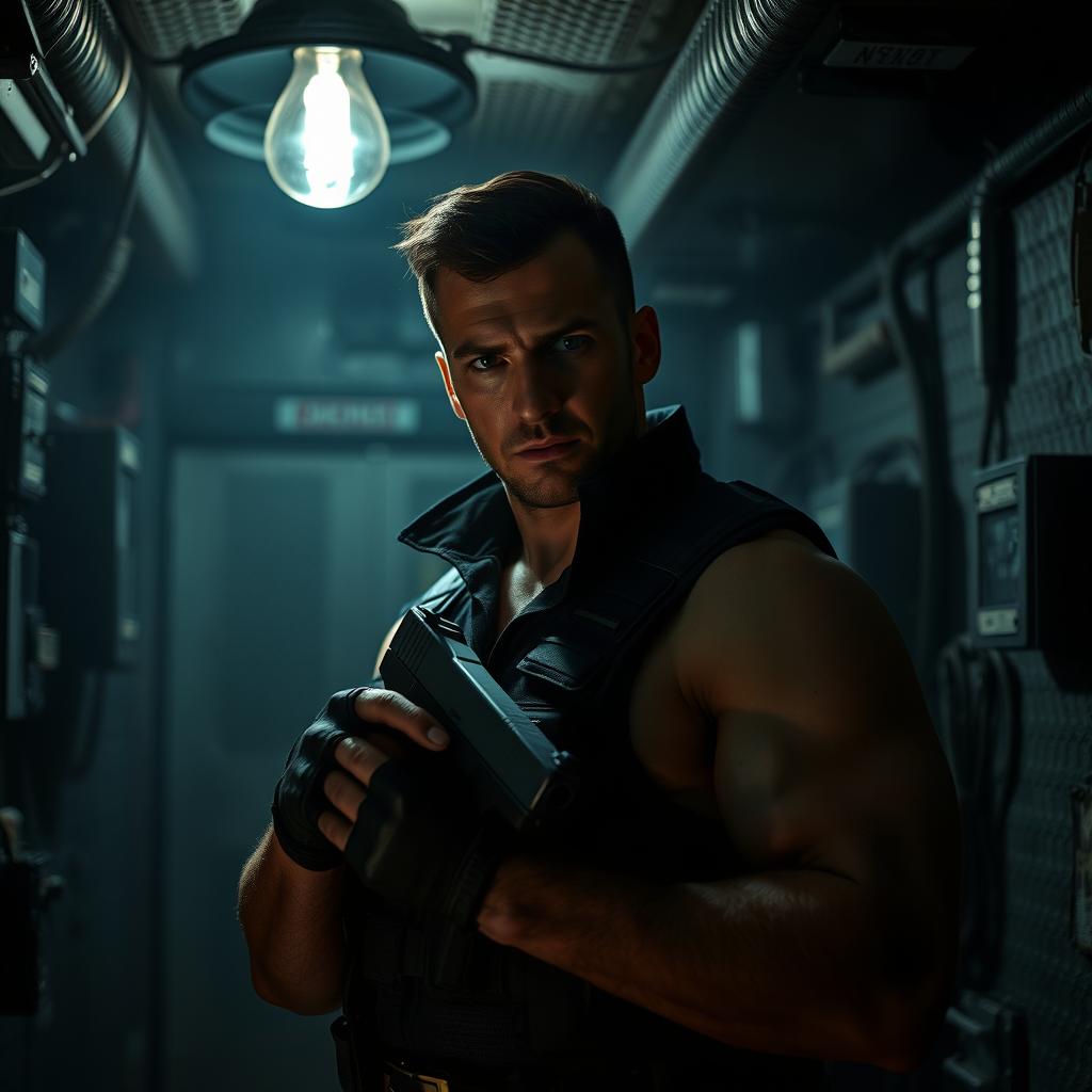 A tense and atmospheric scene set in a dimly lit underground bunker, featuring a male spy in a dark tactical outfit, holding a sleek handgun, his face partially obscured by shadows