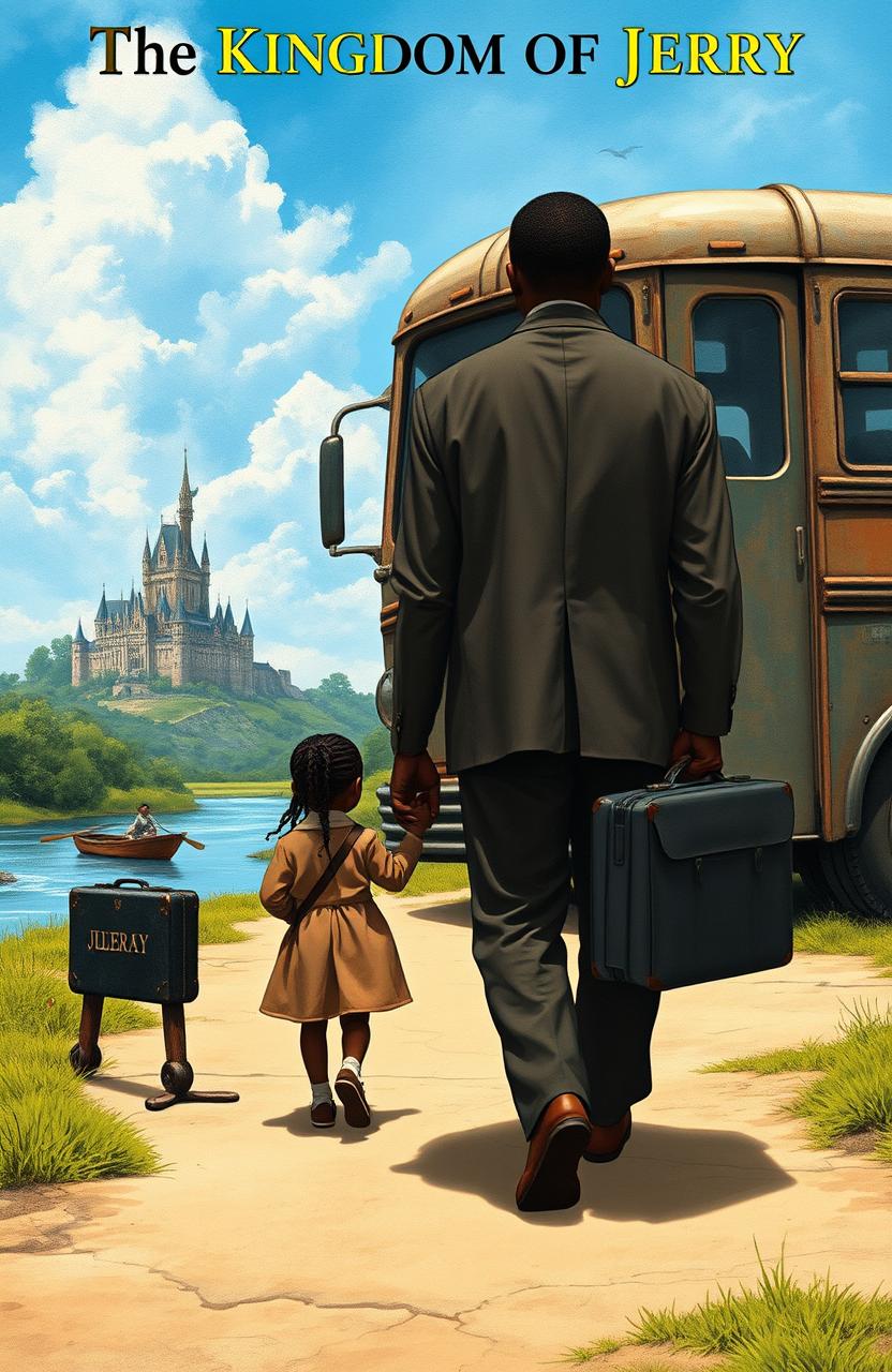 A tall majestic black man and a little black girl walking hand in hand towards an old bus, viewed from behind