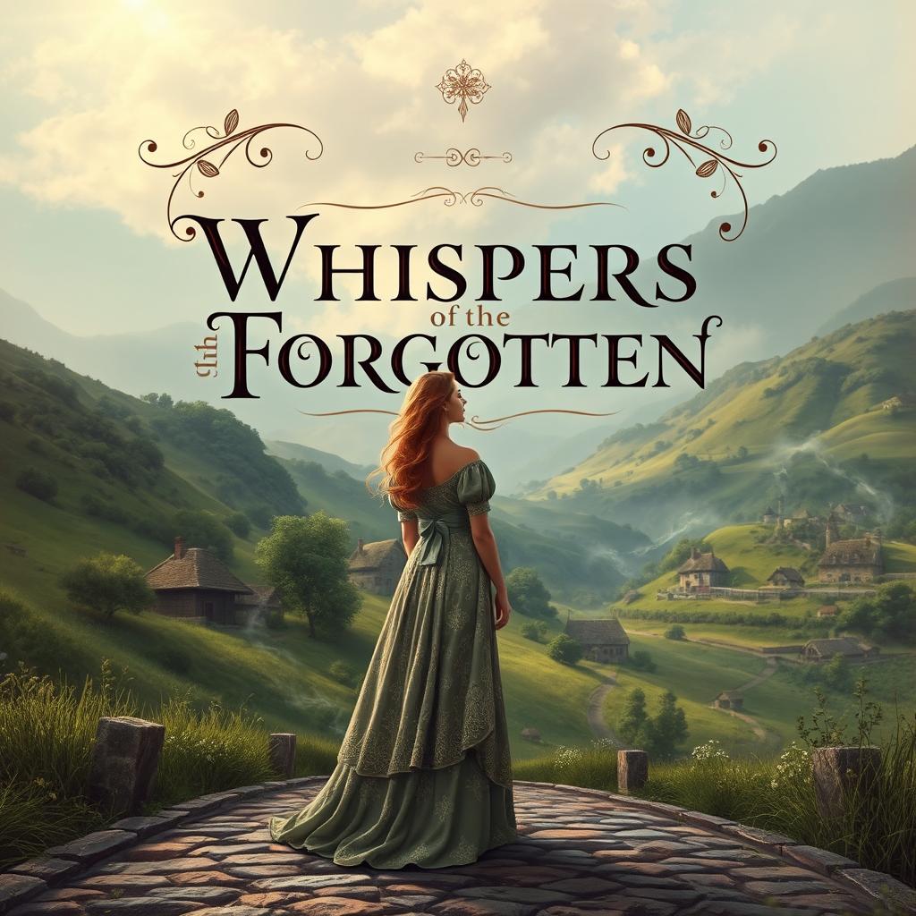 An enchanting fantasy period book cover for 'Whispers of the Forgotten'