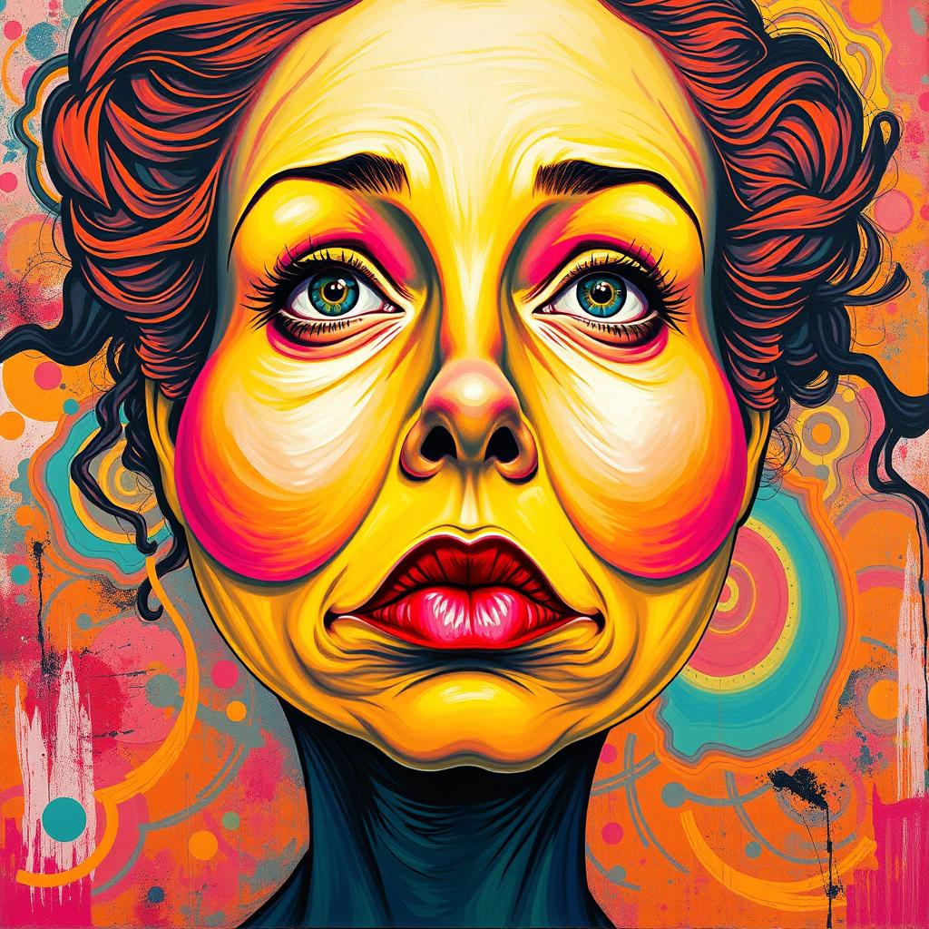 A vibrant painting of a woman's face showcasing huge, round cheeks and a very long neck, expressing the concept of entropy