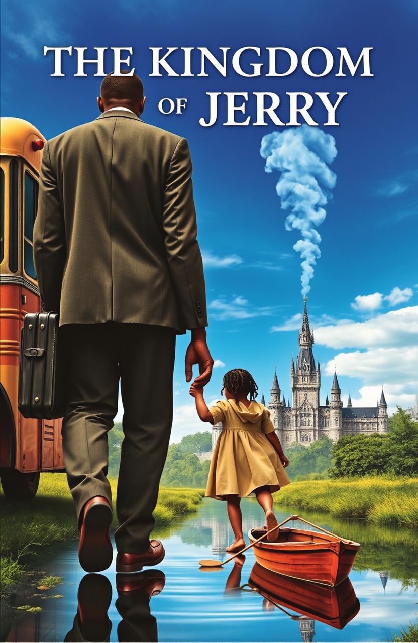 A tall, majestic black man and a little girl holding hands, walking towards an old bus seen from the rear