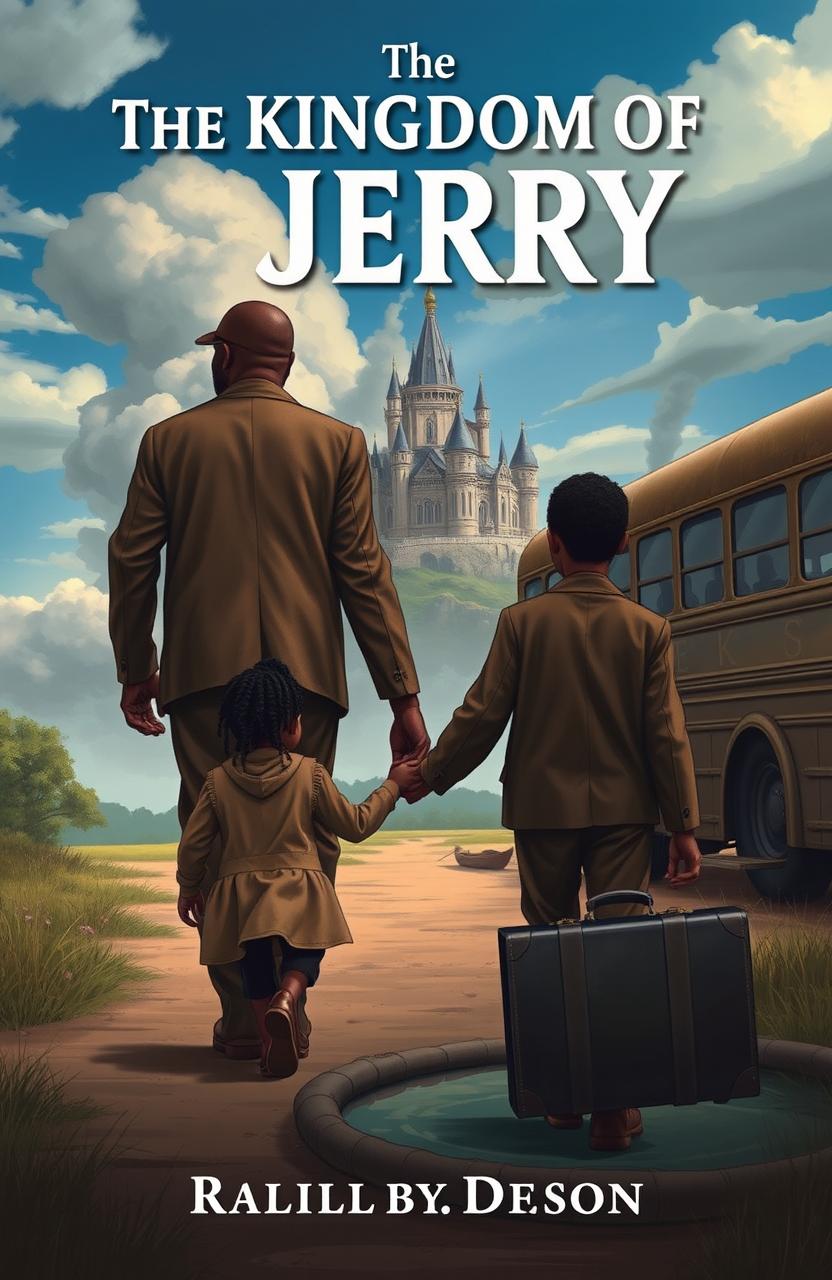 A tall, majestic black man and a little black girl are walking towards an old bus, holding hands, visible only from their backs