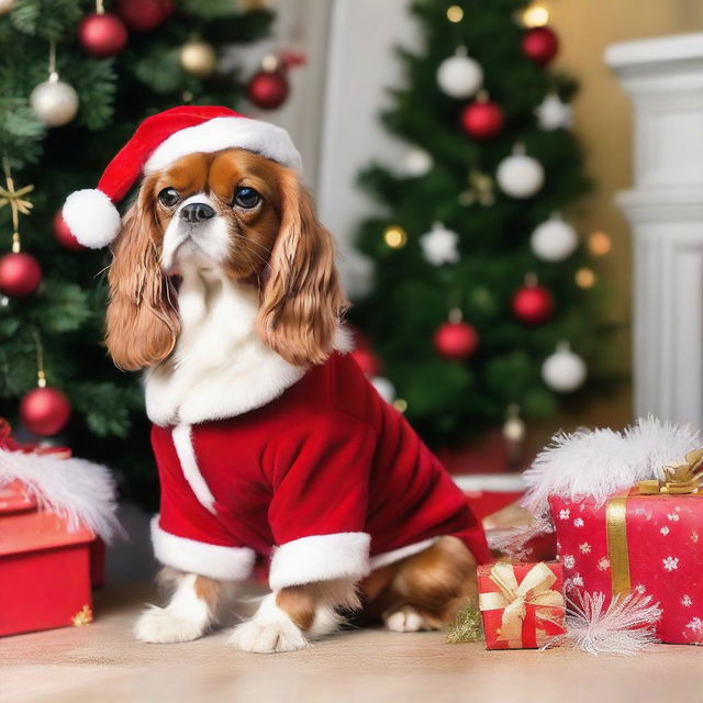 King Charles Spaniel dressed as Santa Claus, complete with red outfit, white beard, and a bag of presents, sitting in front of a beautifully decorated Christmas tree.