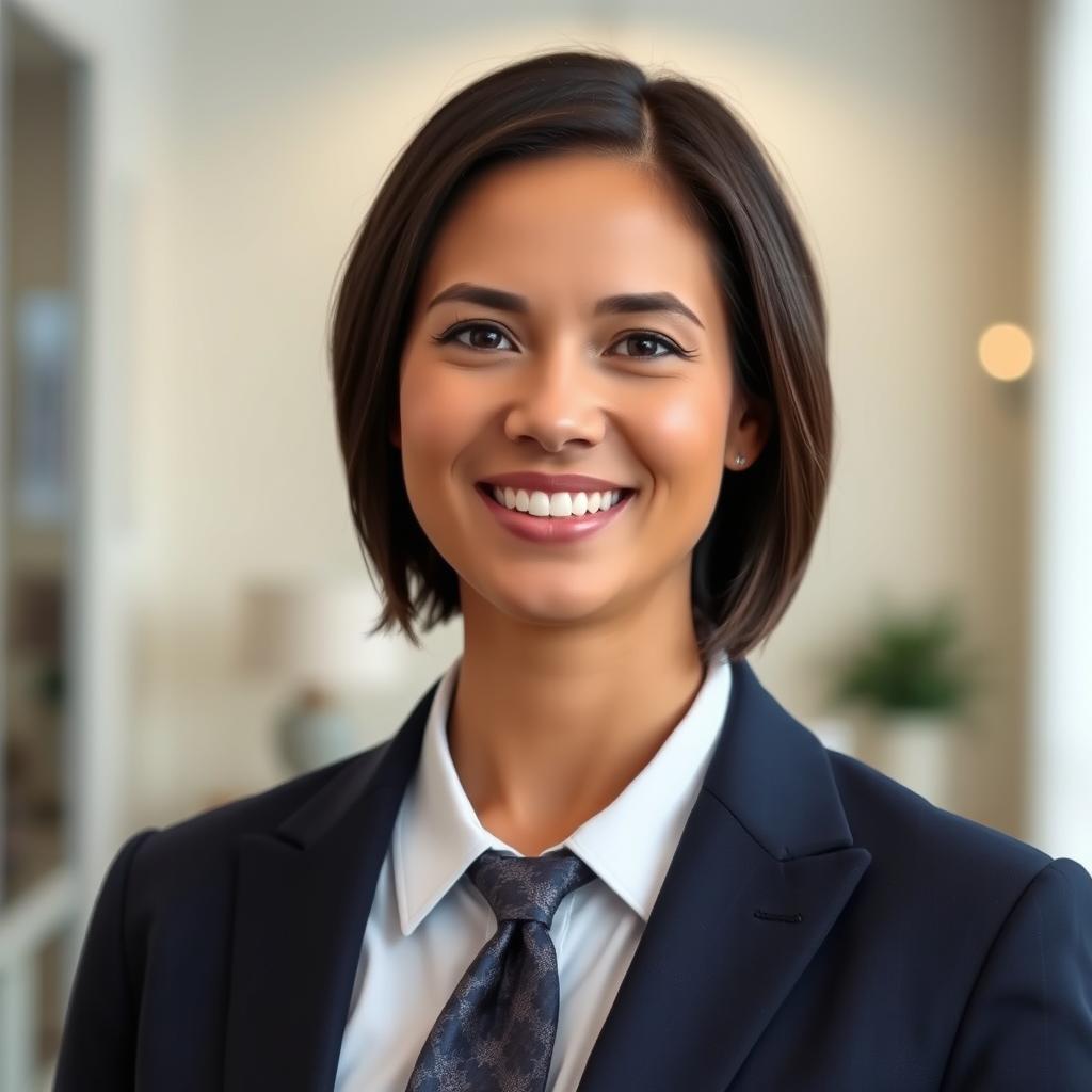 A professional portrait featuring a confident individual in formal attire