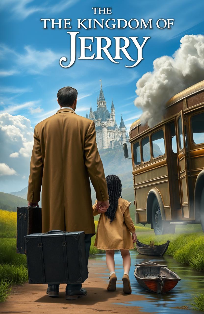 A tall, majestic man and a little girl are walking towards an old bus, holding hands, with their backs facing the viewer