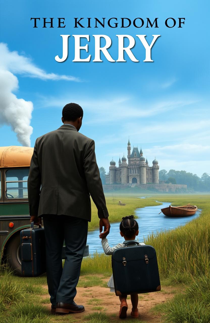 A tall black man and a little girl are seen from behind as they walk towards an old bus, holding hands