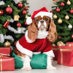 King Charles Spaniel dressed as Santa Claus, complete with red outfit, white beard, and a bag of presents, sitting in front of a beautifully decorated Christmas tree.