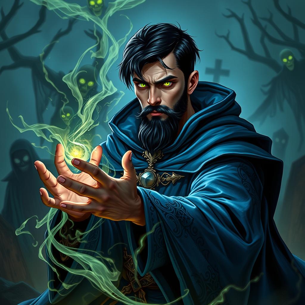An epic male wizard necromancer, featuring a handsome appearance with a short beard and black hair, characterized by striking light green glowing eyes