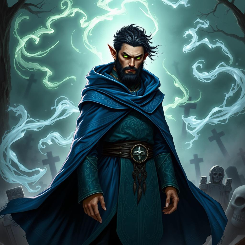 An epic wizard elf necromancer characterized by a handsome appearance with a short beard and striking black hair