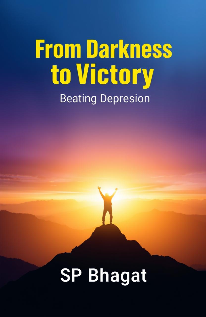 Book cover design featuring a gradient background blending deep blues and purples at the bottom, transitioning into warm gold and yellow hues at the top, symbolizing the transition from struggle to hope
