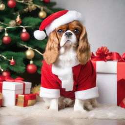 King Charles Spaniel dressed as Santa Claus, complete with red outfit, white beard, and a bag of presents, sitting in front of a beautifully decorated Christmas tree.