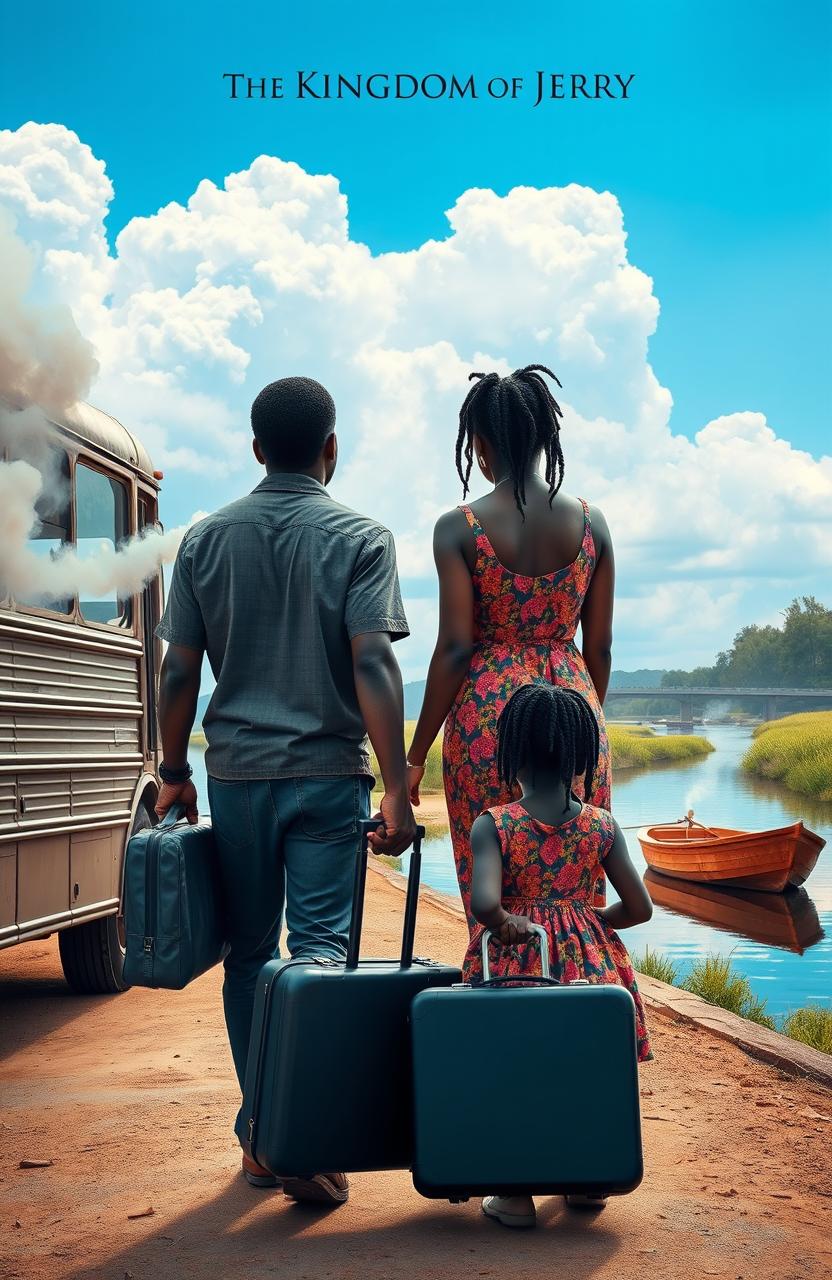 A serene scene capturing the back view of a tall black man and a young black girl walking hand in hand towards an old bus
