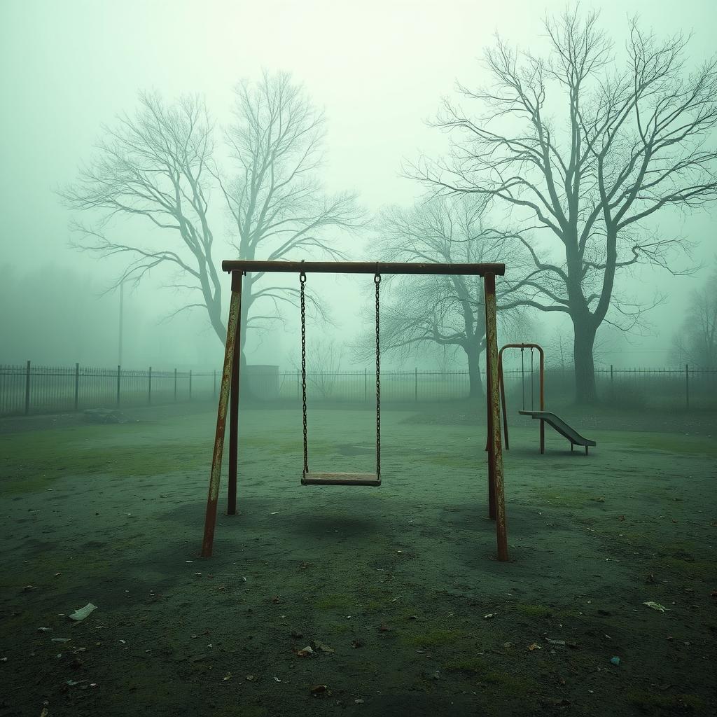 An eerie, rusty playground set in a mysterious environment, surrounded by a thick, green fog that creates a haunting atmosphere