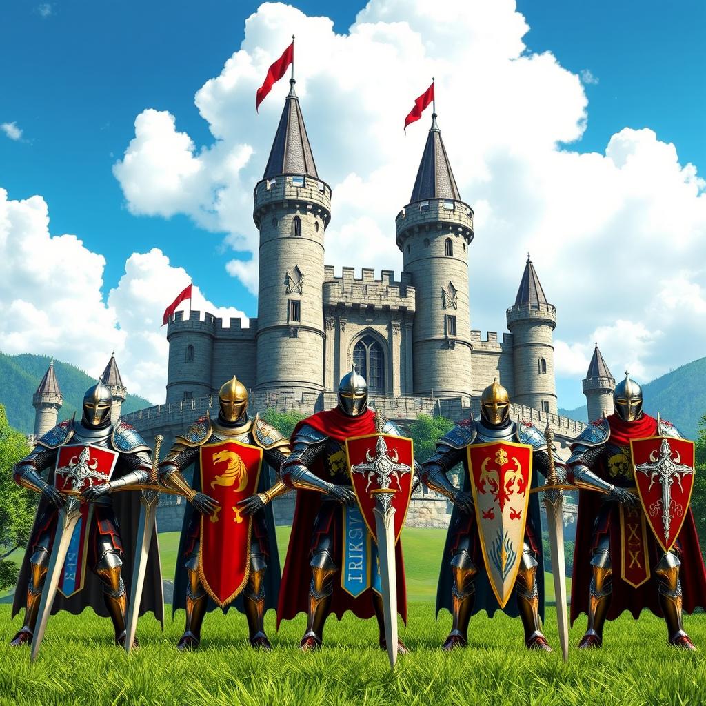 Several knights clad in shining armor from the game Heroes of Might and Magic 3 stand heroically in front of a majestic middle castle