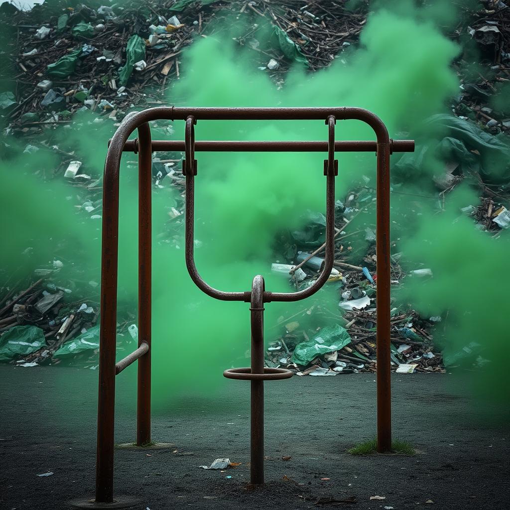 A rusty playground prominently featured in front of a large pile of garbage, with the scene enveloped in a thick, green fog that adds a mysterious and unsettling ambiance