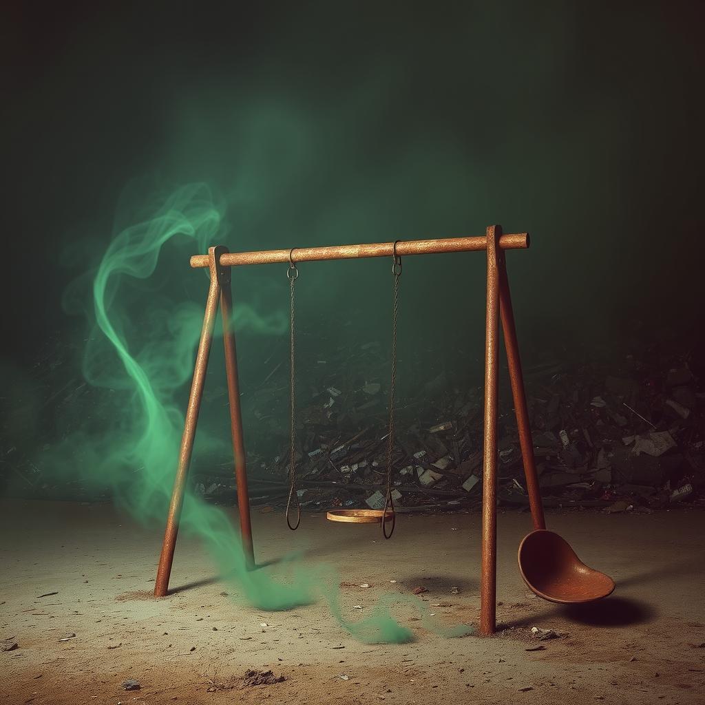 A rusty playground prominently displayed in front of a large pile of garbage, shrouded in a thick, green fog that imparts an eerie and unsettling vibe
