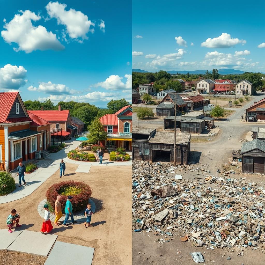 A split image featuring the left half showcasing a vibrant, bustling country town with cheerful people walking, colorful storefronts, lush green parks, and children playing, while the right half depicts a stark contrast of an empty town surrounded by piles of garbage, scattered debris, and abandoned buildings