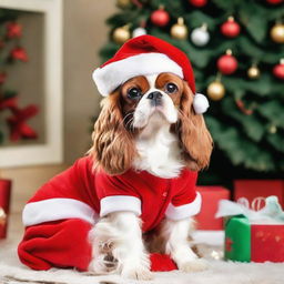 King Charles Spaniel dressed as Santa Claus, complete with red outfit, white beard, and a bag of presents, sitting in front of a beautifully decorated Christmas tree.