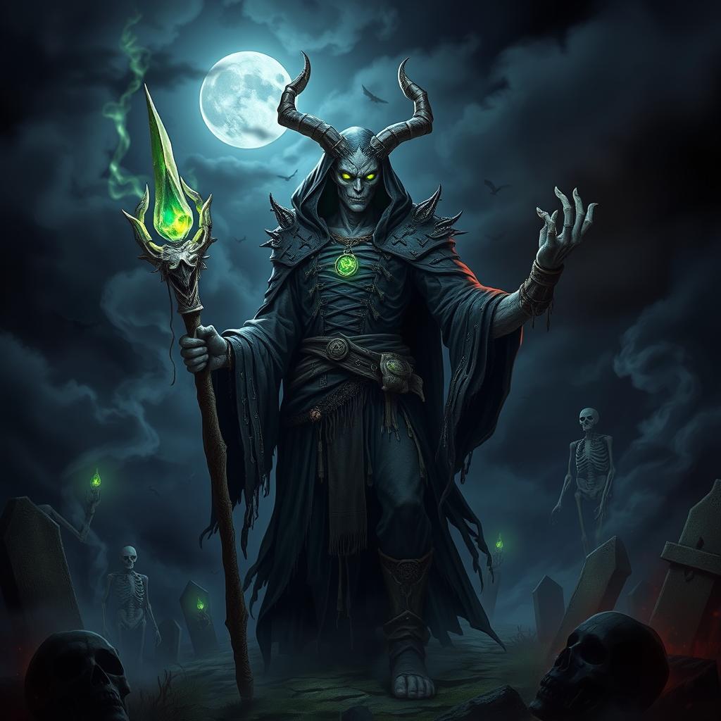 A powerful Githyanki necromancer standing in a dark, misty graveyard at night