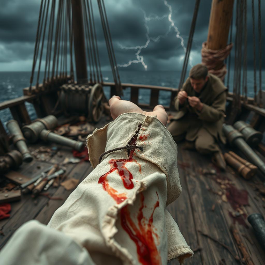 A true first-person perspective looking directly down at a bloodied sleeve, showcasing a deep wound hastily wrapped with a torn cloth, blood seeping through