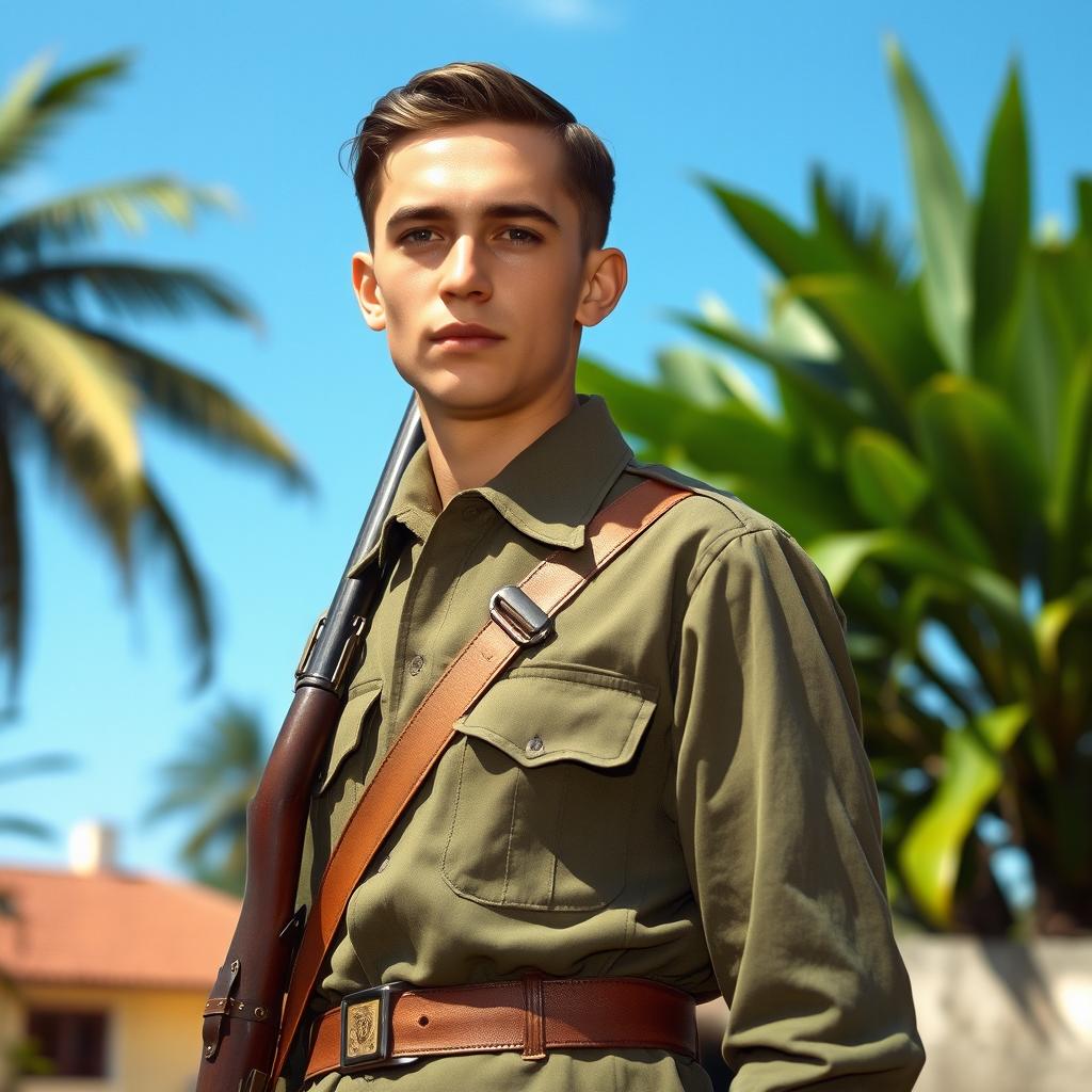 A young Brazilian soldier from the 1940s, with brown hair, dressed in a vintage military uniform typical of the era
