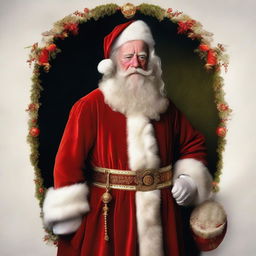 A portrait of King Charles of England dressed as Santa Claus, featuring royal attire blended with traditional Santa Claus elements like a red suit, white beard, and a sack of gifts.