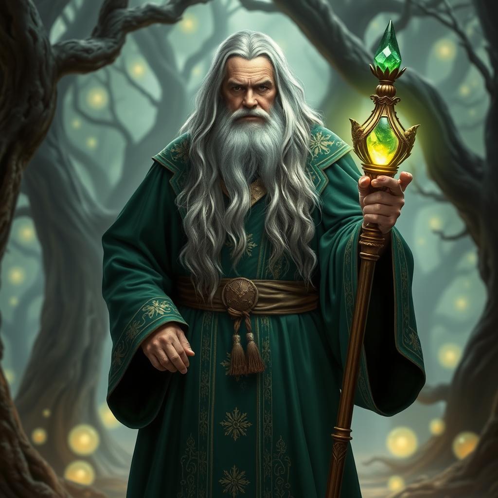 A powerful and enigmatic wizard standing confidently, adorned in deep green robes that elegantly flow around him, embroidered with intricate golden patterns