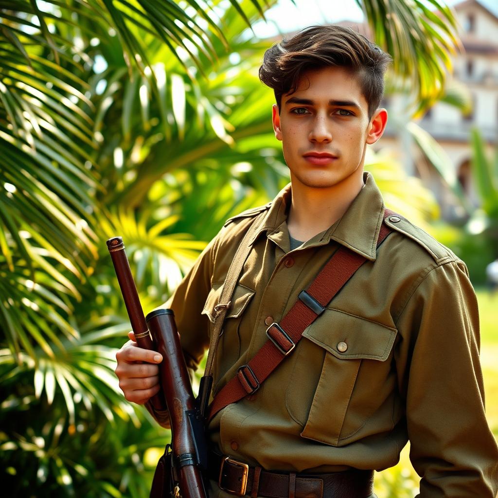 A tall, strong young soldier from Brazil in the 1940s, with brown hair, portrayed in a vintage military uniform characteristic of that period