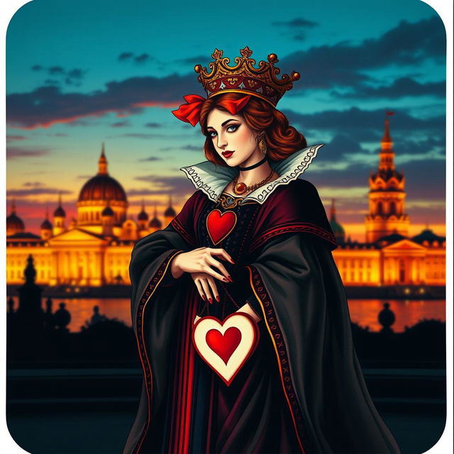A visually striking book cover featuring the Queen of Hearts playing card at the forefront, beautifully illustrated with rich colors and intricate details, showcasing her royal attire and emblematic heart motif