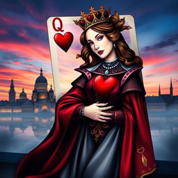 A visually striking book cover featuring the Queen of Hearts playing card at the forefront, beautifully illustrated with rich colors and intricate details, showcasing her royal attire and emblematic heart motif