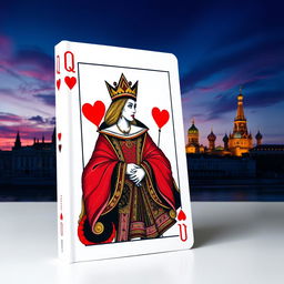 A visually striking book cover featuring the Queen of Hearts playing card at the forefront, beautifully illustrated with rich colors and intricate details, showcasing her royal attire and emblematic heart motif