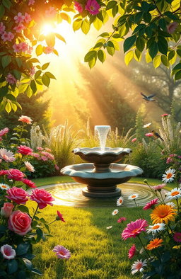 A beautifully crafted scene of a tranquil garden at dawn, where soft sunlight filters through the leaves of vibrant blossoms, casting warm golden hues over the dewy grass