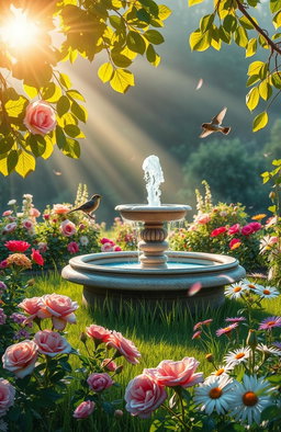 A beautifully crafted scene of a tranquil garden at dawn, where soft sunlight filters through the leaves of vibrant blossoms, casting warm golden hues over the dewy grass