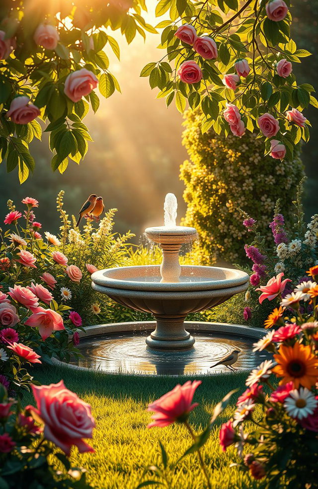 A beautifully crafted scene of a tranquil garden at dawn, where soft sunlight filters through the leaves of vibrant blossoms, casting warm golden hues over the dewy grass