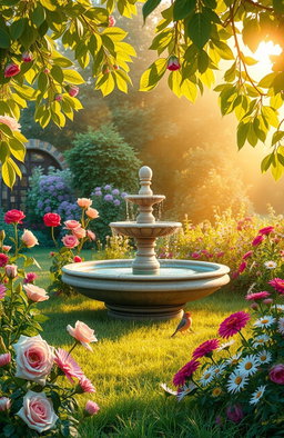 A beautifully crafted scene of a tranquil garden at dawn, where soft sunlight filters through the leaves of vibrant blossoms, casting warm golden hues over the dewy grass