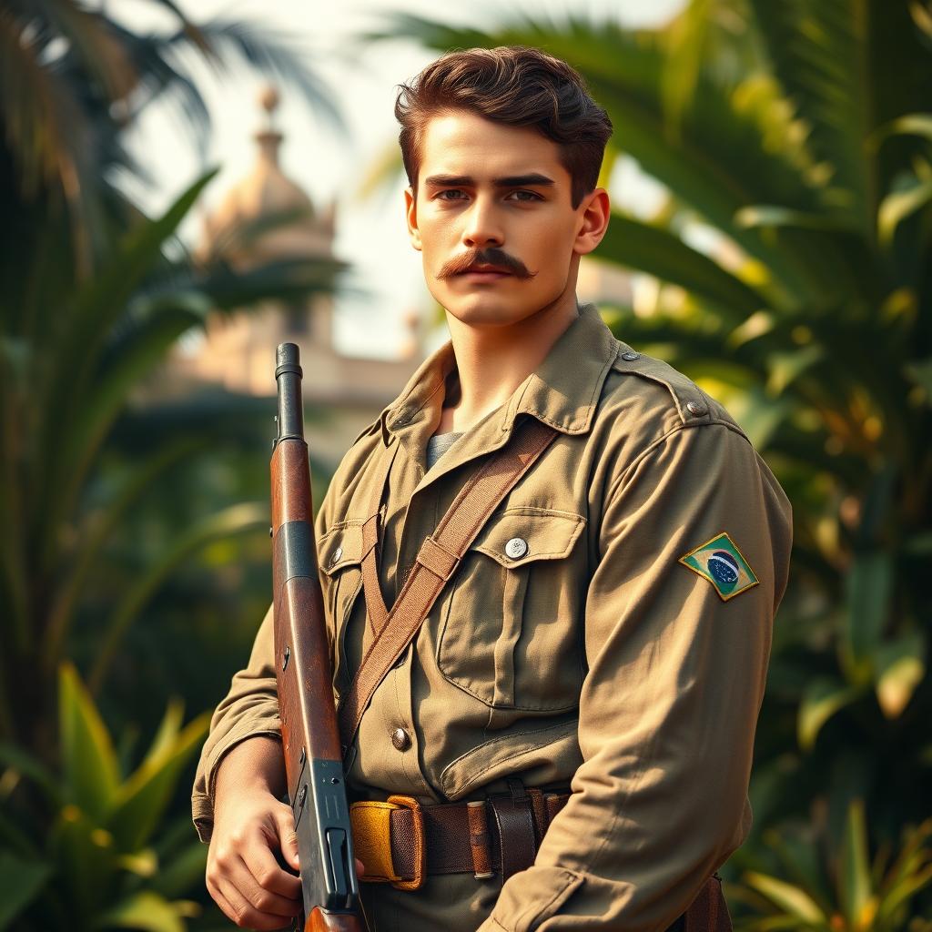A tall, strong young soldier from Brazil in the 1940s, sporting brown hair and a prominent mustache