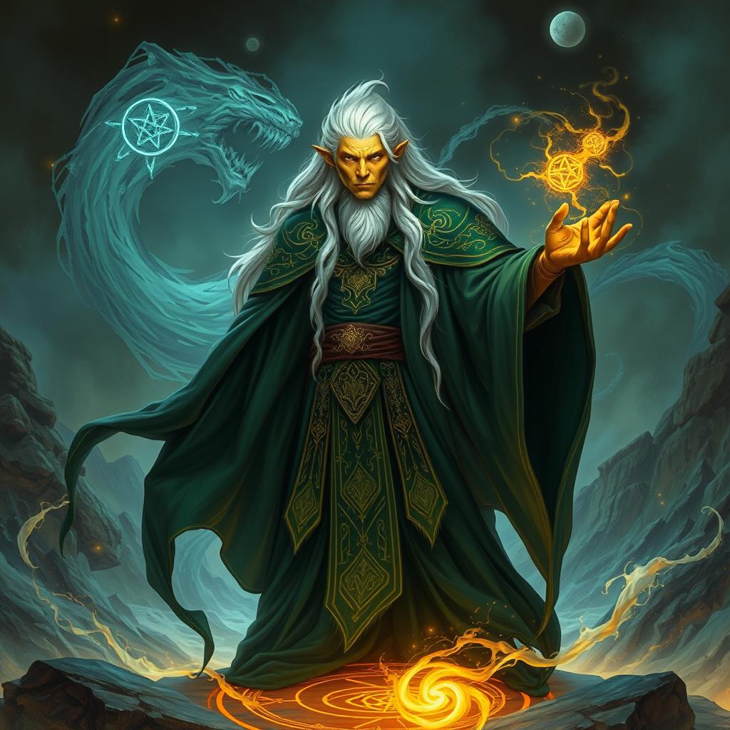 A Githzerai wizard characterized by his distinctive dark yellow skin, exuding an aura of great power and wisdom