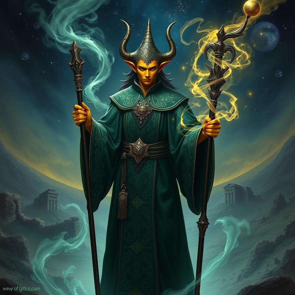 A Githzerai wizard with dark yellow skin, wearing elaborate dark green robes adorned with intricate gold patterns