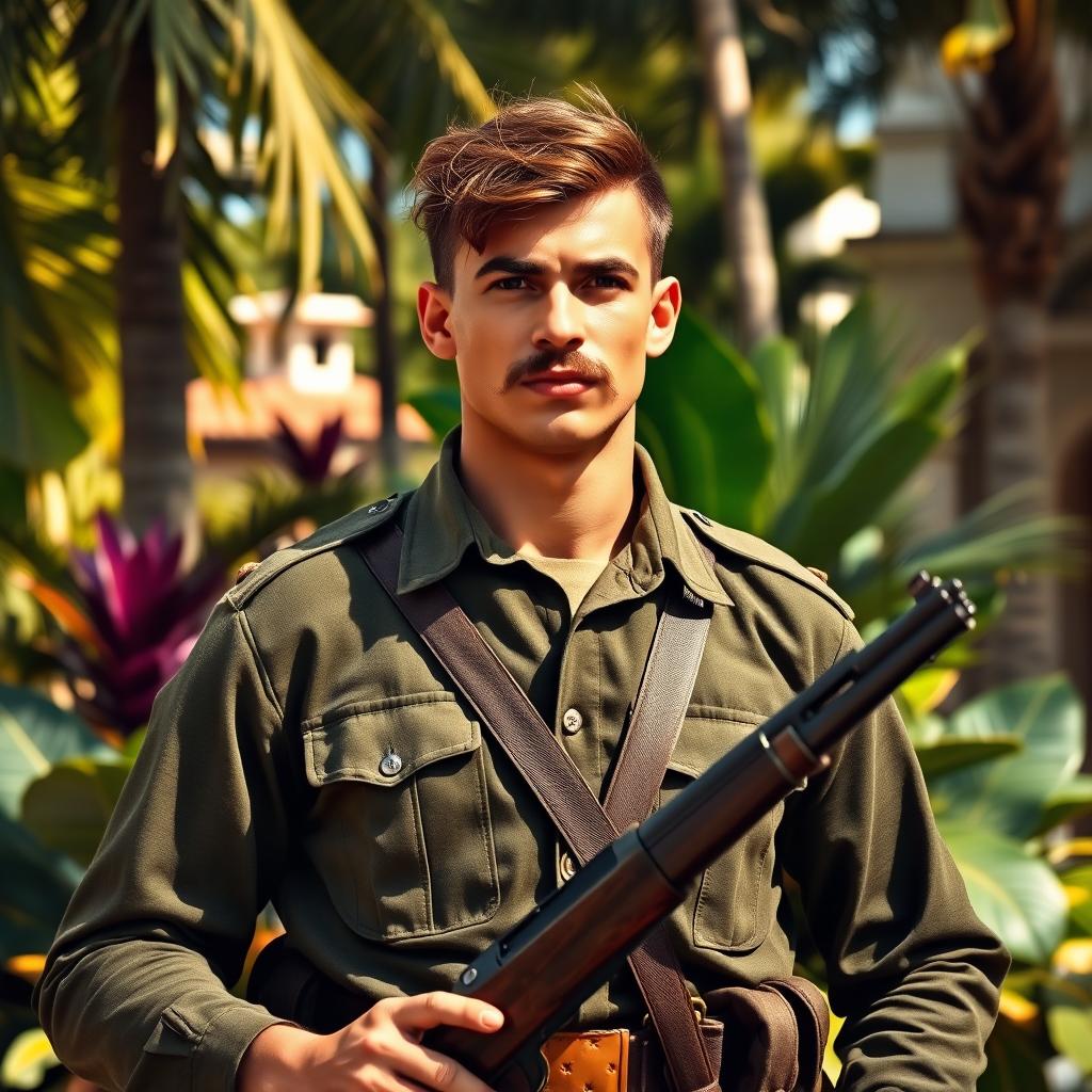 A strong young Brazilian soldier from the 1940s, featuring brown hair and a distinctive mustache, dressed in a period-appropriate military uniform
