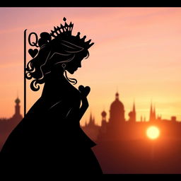 A visually striking book cover featuring the silhouette of the Queen of Hearts playing card, elegantly designed with graceful lines that convey her royal presence