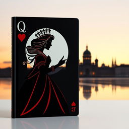 A visually striking book cover featuring the silhouette of the Queen of Hearts playing card, elegantly designed with graceful lines that convey her royal presence
