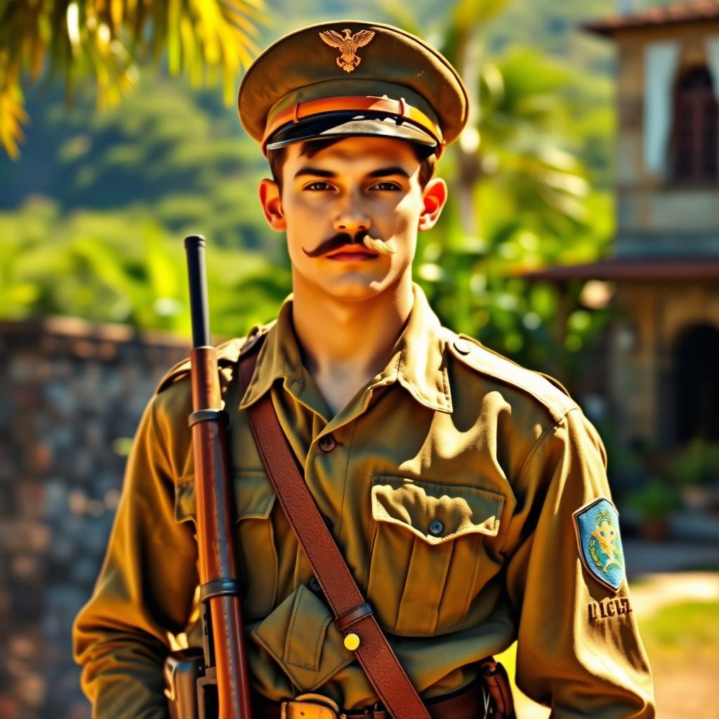 A young, strong soldier in uniform from Brazil in the 1940s, featuring brown hair and a notable mustache