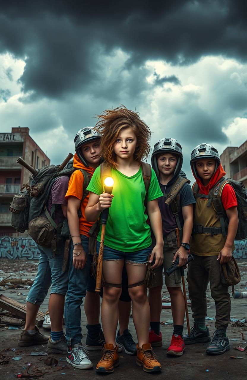 In a vibrant yet dystopian urban landscape, a group of resilient teens stands together as the last survivors of a zombie apocalypse