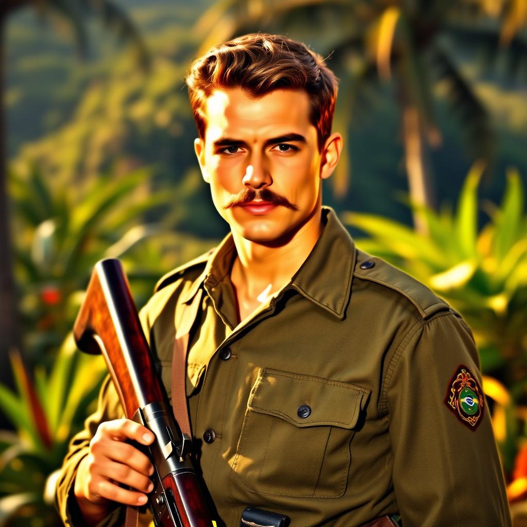 A young, strong soldier in a military uniform from Brazil in the 1940s, featuring brown hair and a striking mustache