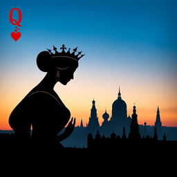 A captivating book cover featuring the silhouette of the playing card Queen of Hearts, elegantly designed to emphasize her iconic crown and heart motifs