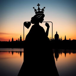 A captivating book cover featuring the silhouette of the playing card Queen of Hearts, elegantly designed to emphasize her iconic crown and heart motifs