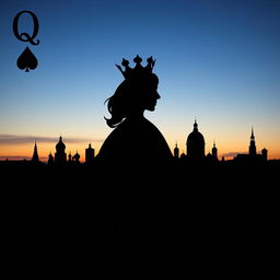 A captivating book cover featuring the silhouette of the playing card Queen of Hearts, elegantly designed to emphasize her iconic crown and heart motifs