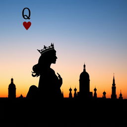 A captivating book cover featuring the silhouette of the playing card Queen of Hearts, elegantly designed to emphasize her iconic crown and heart motifs