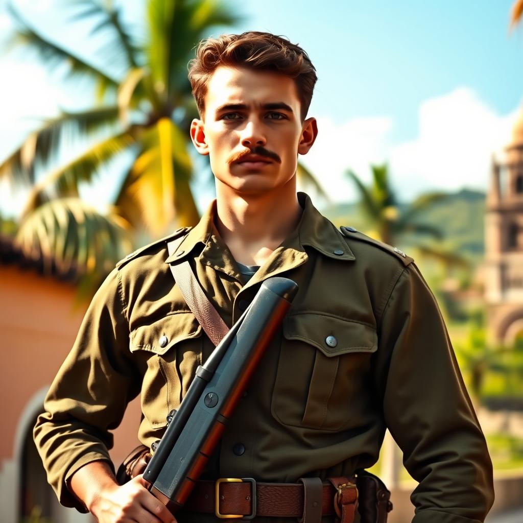 A tall, strong young soldier in military uniform from Brazil in the 1940s, featuring brown hair and a prominent mustache