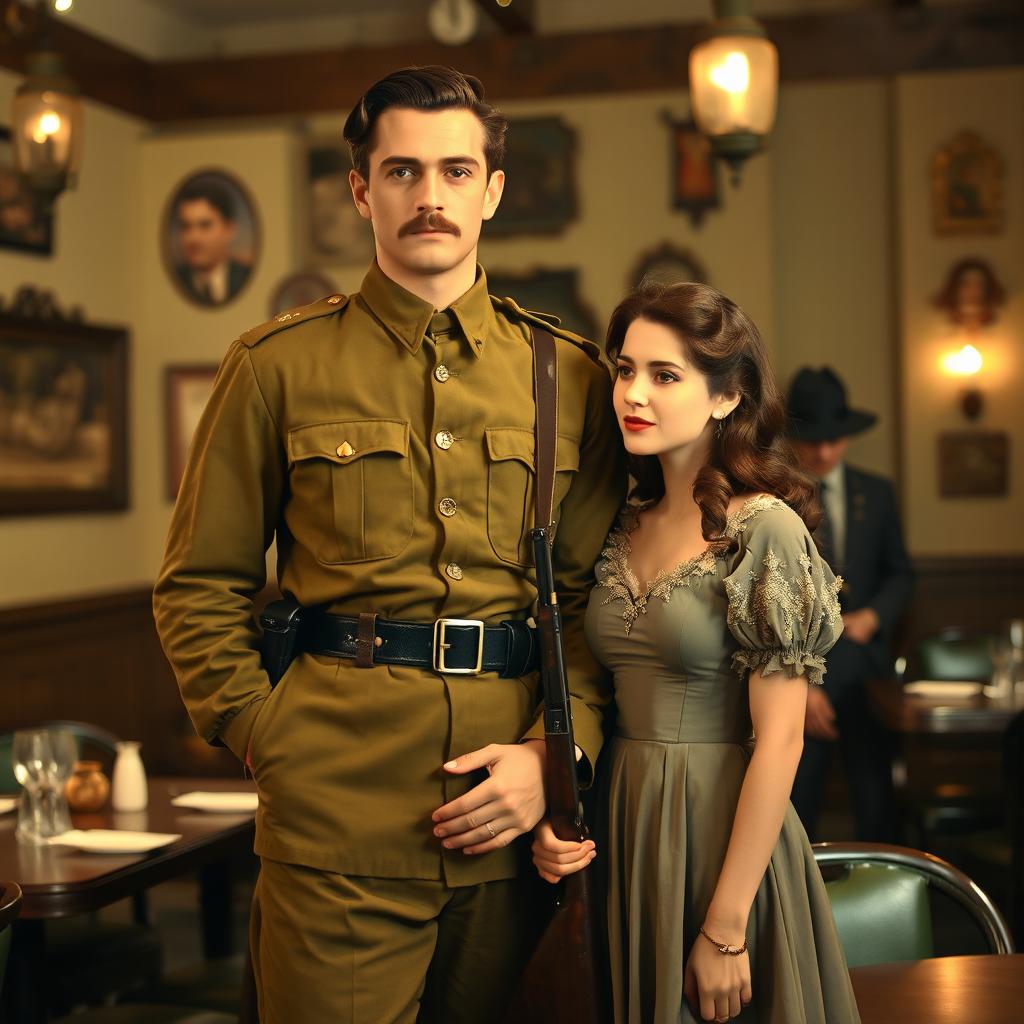 A tall, strong young soldier in a military uniform from Brazil in the 1940s, with brown hair and a prominent mustache, standing beside a young lady with brown hair in an elegant dress